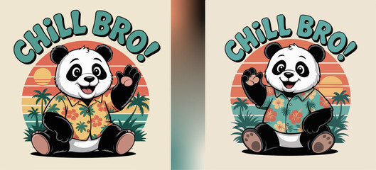Cute panda cartoon in Hawaiian shirt with sunset tropical background and text Chill Bro, fun summer beach vibe illustration for lifestyle and vacation, vector