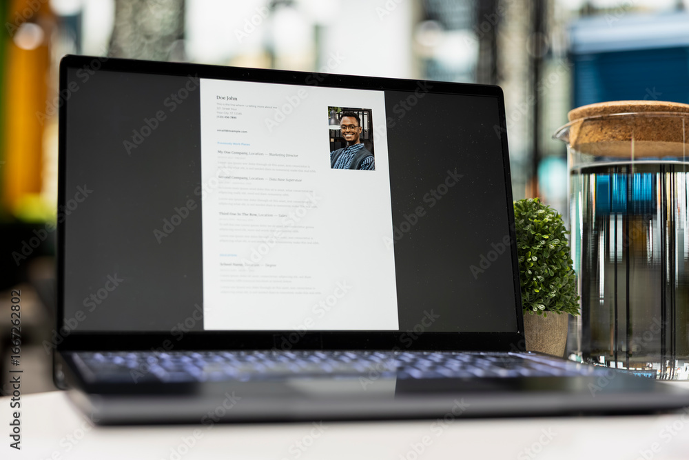 Poster close up of laptop in empty space shows applicant cv before hiring interview, office used for the re