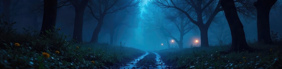 Obraz premium Mysterious nighttime scene with objects glowing faintly in the dark, creating an ethereal and magical ambiance Perfect for fantasy, mystery, or magical realism projects , blue, glowing