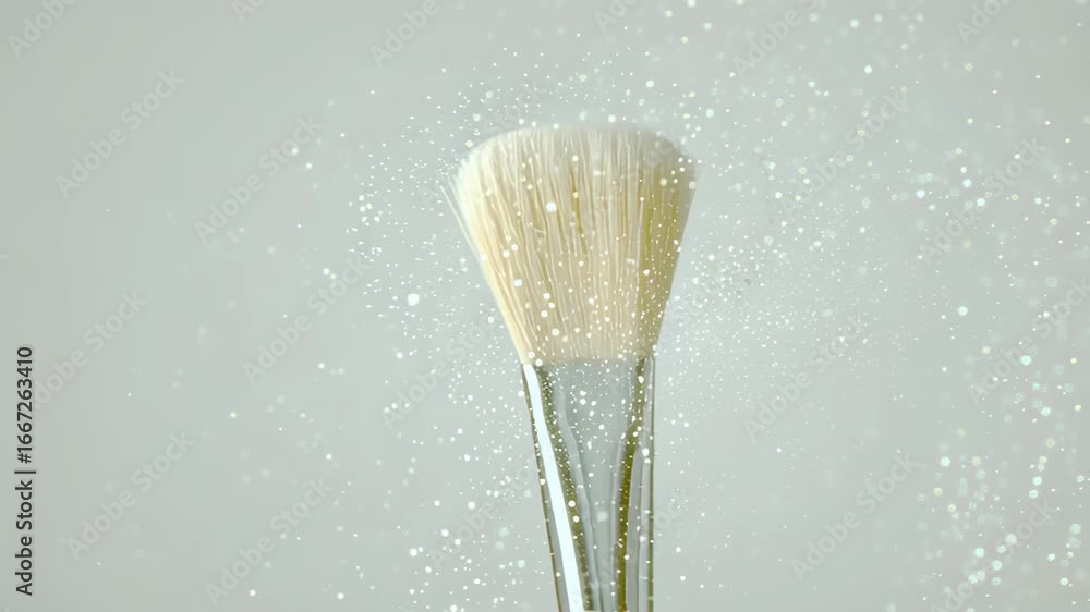 Poster makeup brush releasing shimmering particles in a graceful motion, showcasing the beauty tool's elega