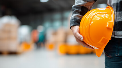 Worker holding a safety helmet inside a warehouse signaling readiness and responsibility, a concept of occupational protection and industrial culture.
