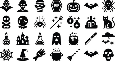 Halloween icons set vector illustration pumpkin ghost bat spider witch cat skull mummy vampire cauldron silhouette
