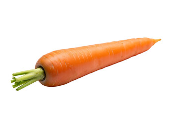 A single, vibrant orange carrot with a fresh green top is displayed against a pure black background.