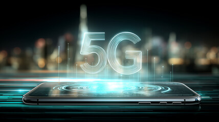 Smartphone showcasing 5G connectivity over an urban skyline symbolizing ultra fast networks capacity growth and the future of mobile communication
