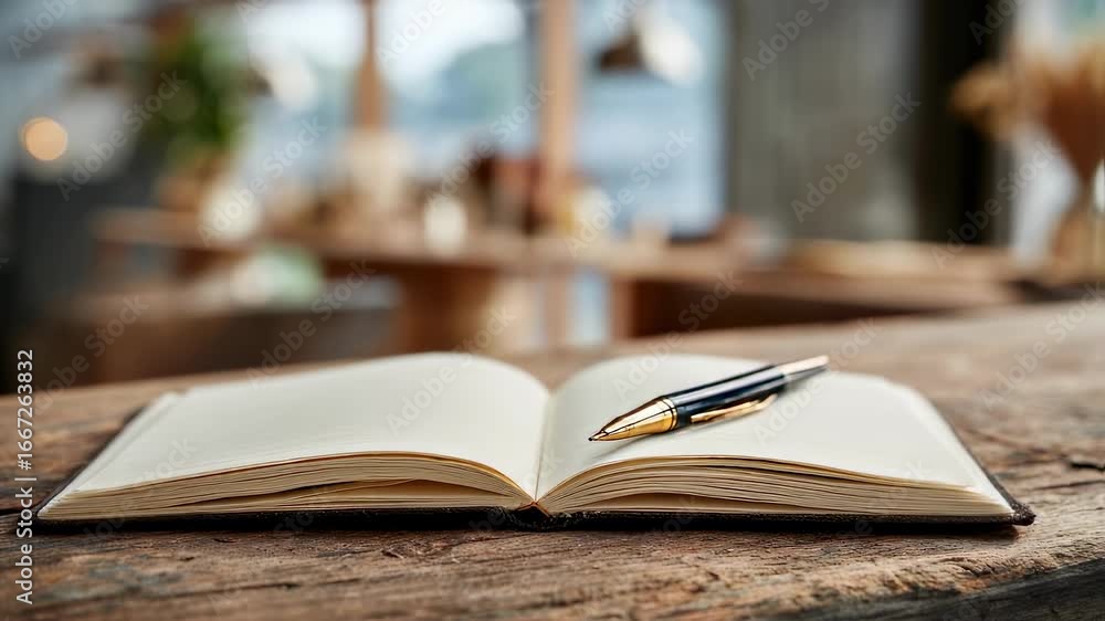 Poster medium shot of a notebook open on a rustic wooden table with a pen poised symbolizing fresh ideas an