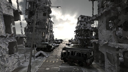 荒廃した街の風景　3DCGレンダリング