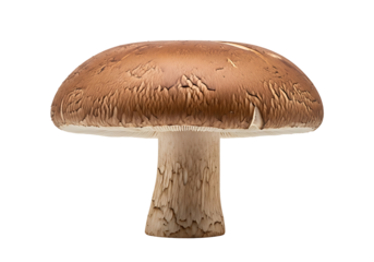 Close-up of a single brown mushroom with a textured cap and stem against a dark background.