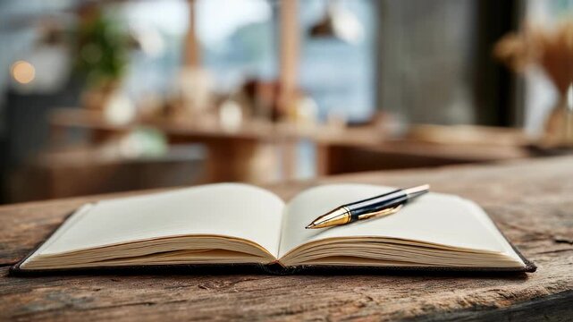 Medium shot of a notebook open on a rustic wooden table with a pen poised symbolizing fresh ideas and new chapters with background softly out of focus.