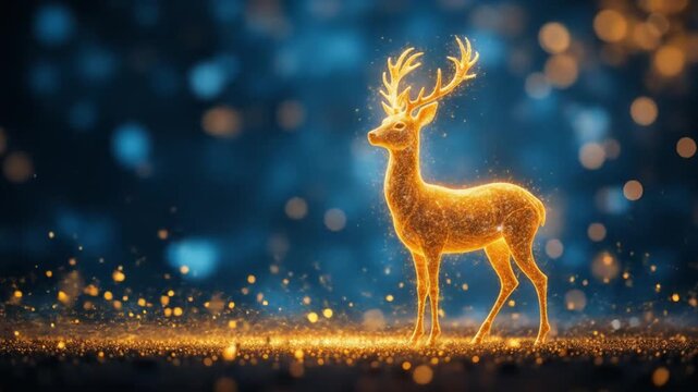 Beautiful golden deer silhouette with glowing particles, standing on the right side of an abstract blue background, swirls of sparkling golden dust and bokeh lights. 4k video