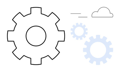 Interlocking gears and simple clouds convey teamwork, mechanisms, innovation, synchronization, efficiency, system process, and technology progress. Ideal for workflow, productivity collaboration