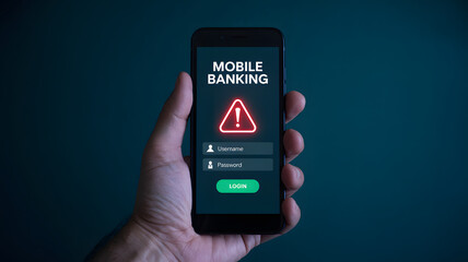 Mobile banking security alert on smartphone held in hand, cybersecurity concept