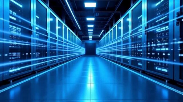 Futuristic Server Room Corridor With Blue Light Streaks And Rows Of Data Racks data center technology - Powered by Adobe