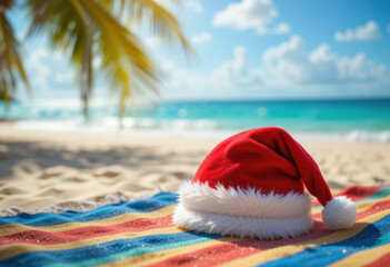 Santa Claus Red Hat on Beach Towel – Realistic Holiday Stock