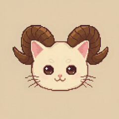 Adorable kawaii cat face with large ram horns, a charming fantasy creature in a cute pixel art style. Digital character illustration