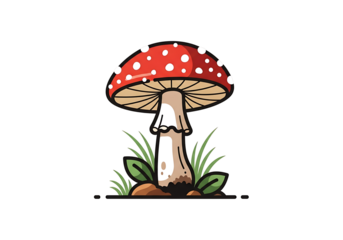 A vibrant illustration of a fly agaric mushroom, its red cap dotted with white, rests on a bed of grass, set against a stark black background.