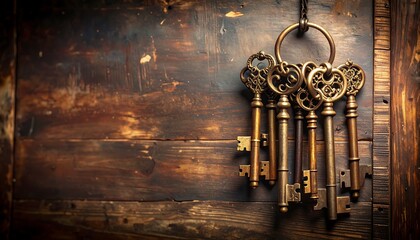 Antique keys on aged wood