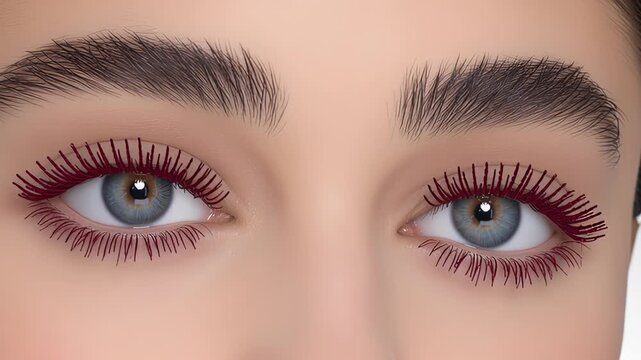 Close-up of captivating eyes with dramatic red mascara, showcasing the gradual enhancement of beauty through makeup application in a seamless motion sequence