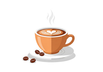 Obraz premium A vibrant illustration of a latte art coffee cup, showcasing a heart-shaped latte design against a backdrop of coffee beans, with steam rising from the warm beverage.