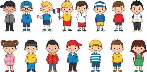 Cartoon children standing, diverse fashion styles, flat vector illustration, boys and girls, cheerful expressions, white background, minimal design