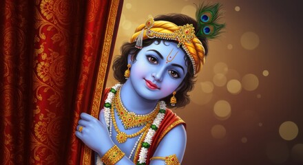 Adorable Little Child Dressed as Lord Krishna Peeking from Behind Red Curtain – Festive Hindu Costume Portrait