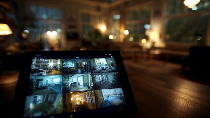 Home security system is displaying multiple camera feeds on digital tablet computer placed on a wooden table in a living room at night, providing surveillance and peace of mind