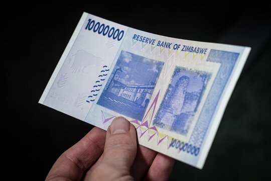 Stockholm, Sweden - Nov 15, 2024: Ten million dollar banknote of Zimbabwe. Hyperinflation in Zimbabwe. Largest denomination currency. Monetary crisis. Worthless money.
