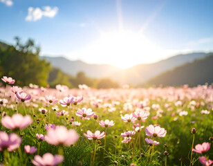 Pink cosmos field in radiant sunlight with mountain backdrop on clear day