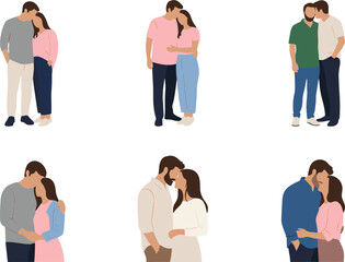 Fototapeta premium Romantic couple poses, emotional closeness, love embrace, flat vector illustration, diverse outfits, intimate interaction, minimal design, white background