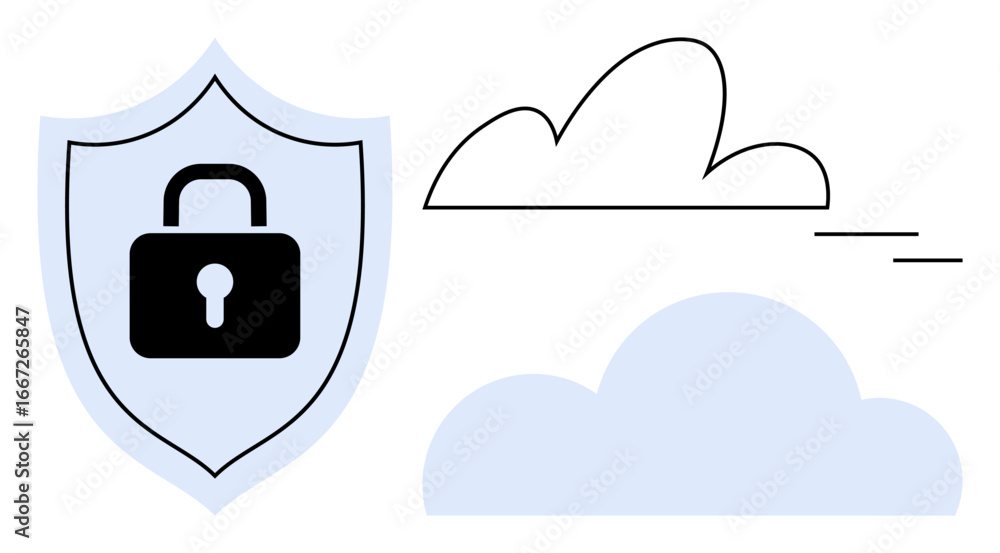 Poster shield with a lock symbol beside cloud illustrations represents secure cloud computing, data protect