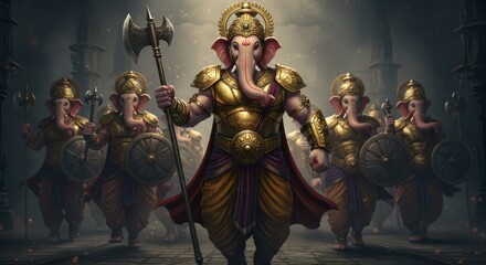 Epic Fantasy Digital Art of Lord Ganesha Warrior Army in Golden Armor