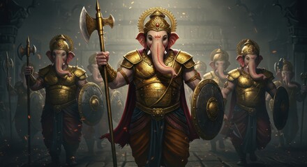 Epic Fantasy Digital Art of Lord Ganesha Warrior Army in Golden Armor