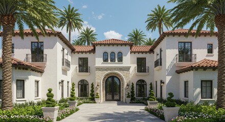 Fototapeta premium Mediterranean Style Luxury Villa with Elegant Arched Entrance, Palm Trees and Symmetrical Design