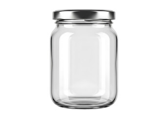 A clear glass jar with a metallic lid, showcasing a simple, transparent form against a black backdrop.