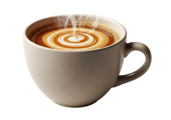 A close-up view of a ceramic mug filled with hot latte art, showcasing a swirling latte design, steam rising, and a warm, inviting ambiance.