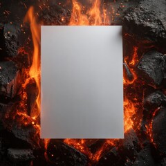Paper Mockup Surrounded by Flames on Burning Charcoal – Realistic A4 Template