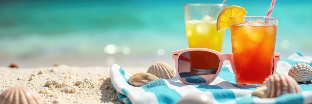 Stylish sunglasses rest on a sun-drenched beach towel, next to seashells and a refreshing summer beverage Perfect for summer vacation or travel promotions , sunshine, sunglasses, yellow