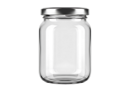 A clear glass jar with a metallic lid, showcasing a simple, transparent form against a black backdrop. - Powered by Adobe