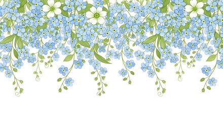 Delicate blue and white flowers with green leaves forming a decorative border, isolated on white background