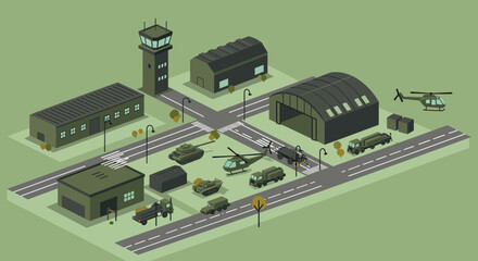 Vector Military Base Buildings and Vehicles Infographic Elements for City Illustration