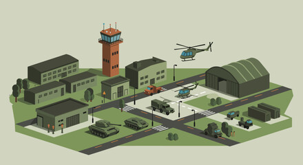 Vector Military Base Buildings and Vehicles Infographic Elements for City Illustration