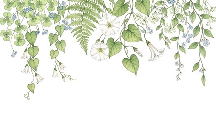 Delicate watercolor illustration of climbing vines, ferns, and small blue flowers cascading down, isolated on white background