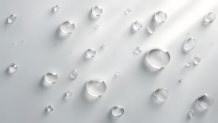 Close up of clear water droplets on a textured white surface with subtle shadows