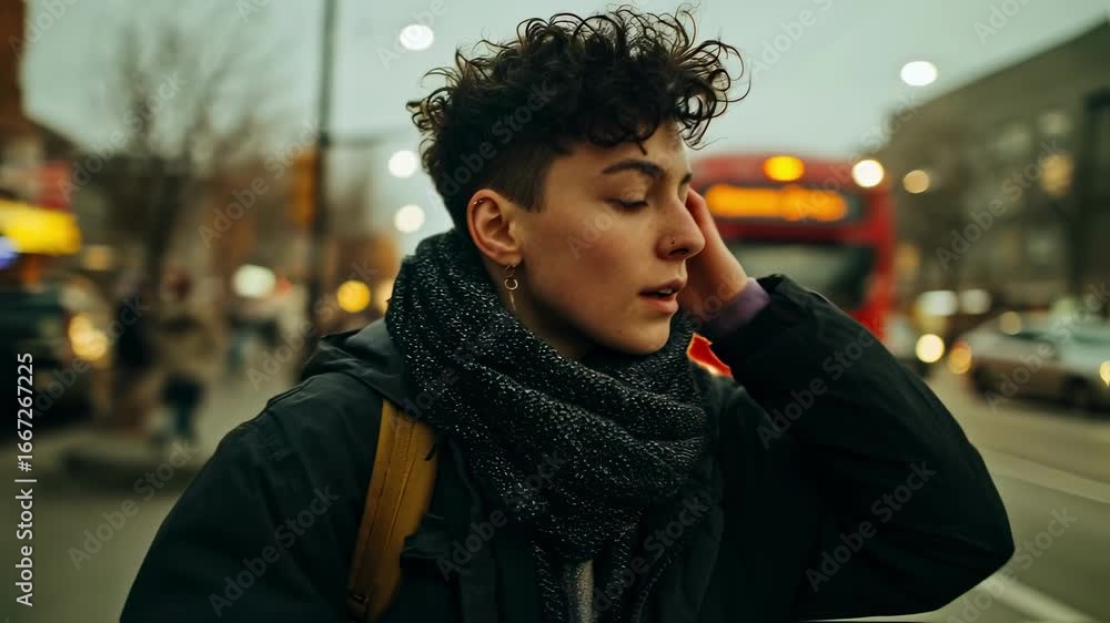 Poster focused medium shot of a nonbinary individual confidently walking down a street with an artistic blu
