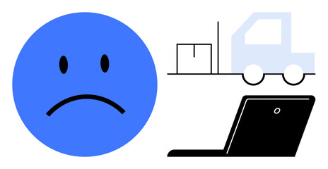 Blue sad face, delivery truck with package, and laptop highlighting problems in online shopping, shipping delays, or e-commerce dissatisfaction. Ideal for customer complaints, logistics issues