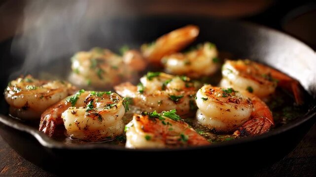 Sizzling garlic butter prawns cooking in a cast iron skillet, releasing aromatic steam and creating a mouthwatering seafood dish, perfect for any meal or special occasion