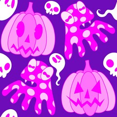 Autumn harvest vegetable seamless monster Halloween pumpkins pattern for wrapping paper and fabrics