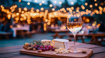 Festive twilight celebration featuring delectable cheese and charcuterie spread paired with glass of white wine, illuminated by twinkling golden lights