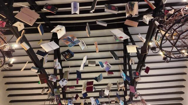Slow Motion of Hanging Books from Ceiling with Magical Atmosphere