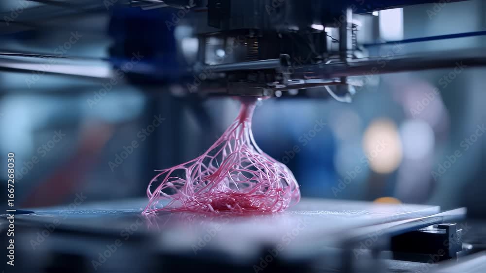 Poster focused medium shot capturing intricate strands of vascularized liver tissue being printed by a 3d b