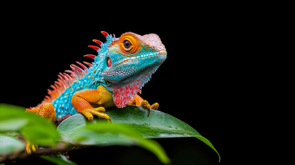 Fototapeta premium Vibrant Exotic Dragon-like Lizard with Bright Blue, Orange, Red Scales and Spikes Perched on Green Leaf Against Pure Black Background